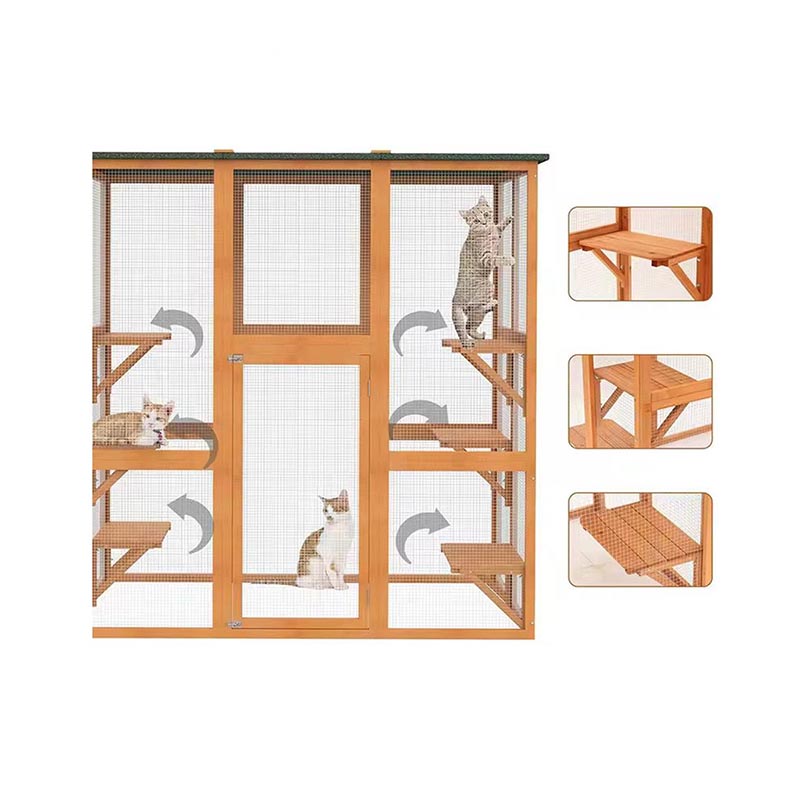 Casă de pisici din lemn în aer liber, impermeabilă, vilă cușcă cu cușcă Casă de pisici din lemn în aer liber, impermeabilă, vilă cușcă cu cușcă