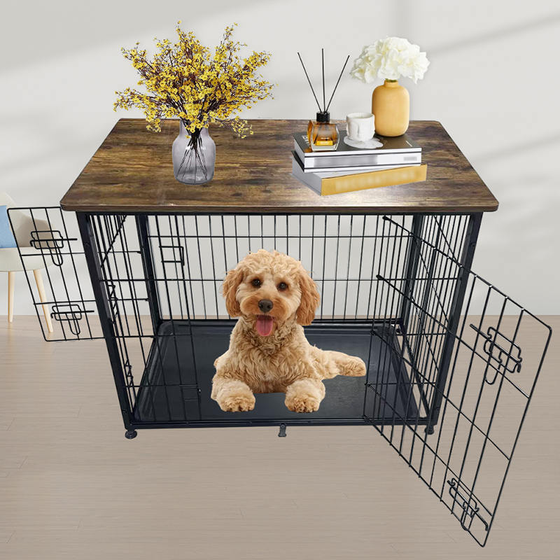 Cușcă de câini de mobilier din lemn mare cu tavă detașabilă Cușcă de câini de mobilier din lemn mare cu tavă detașabilă