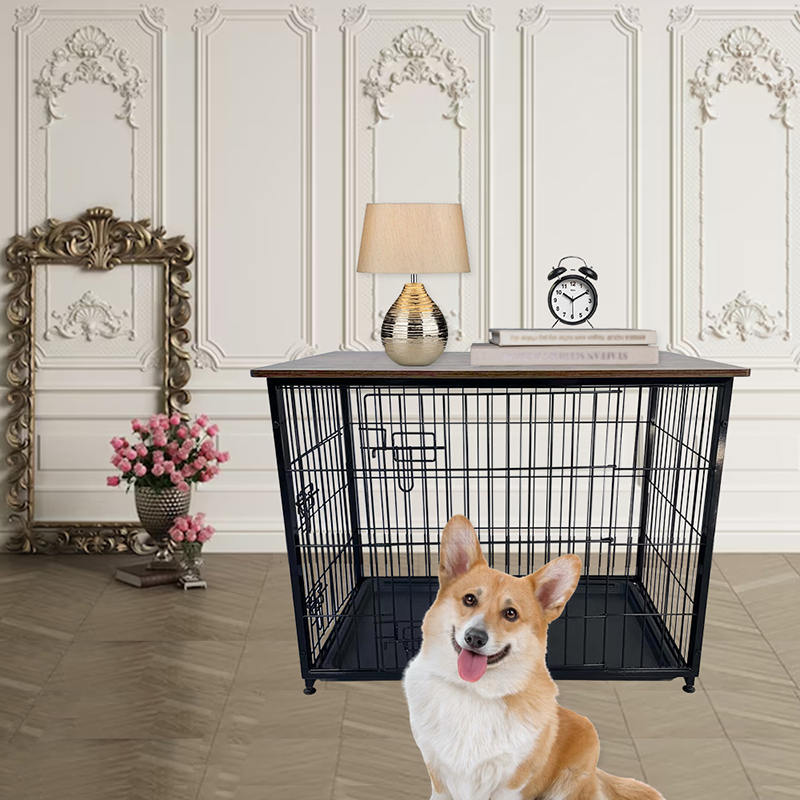 Cușcă de câini de mobilier din lemn mare cu tavă detașabilă Cușcă de câini de mobilier din lemn mare cu tavă detașabilă