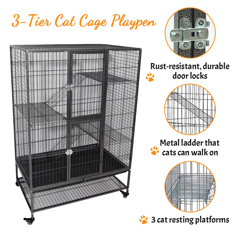 Mare mare duty 2/3/4-nivel cu cușcă de pisică cu tub de interior metal cu roți cu roți Mare mare duty 2/3/4-nivel cu cușcă de pisică cu tub de interior metal cu roți cu roți