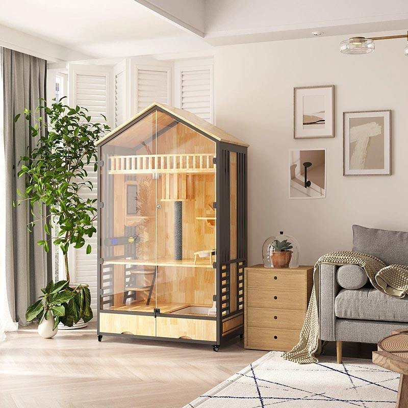 Turnul copacilor de pisici cu mai multe straturi din lemn cu cușcă de lemn Turnul copacilor de pisici cu mai multe straturi din lemn cu cușcă de lemn