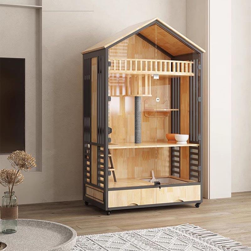 Turnul copacilor de pisici cu mai multe straturi din lemn cu cușcă de lemn Turnul copacilor de pisici cu mai multe straturi din lemn cu cușcă de lemn