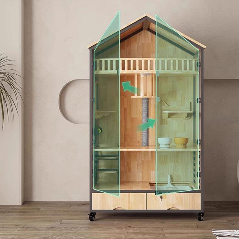 Turnul copacilor de pisici cu mai multe straturi din lemn cu cușcă de lemn Turnul copacilor de pisici cu mai multe straturi din lemn cu cușcă de lemn