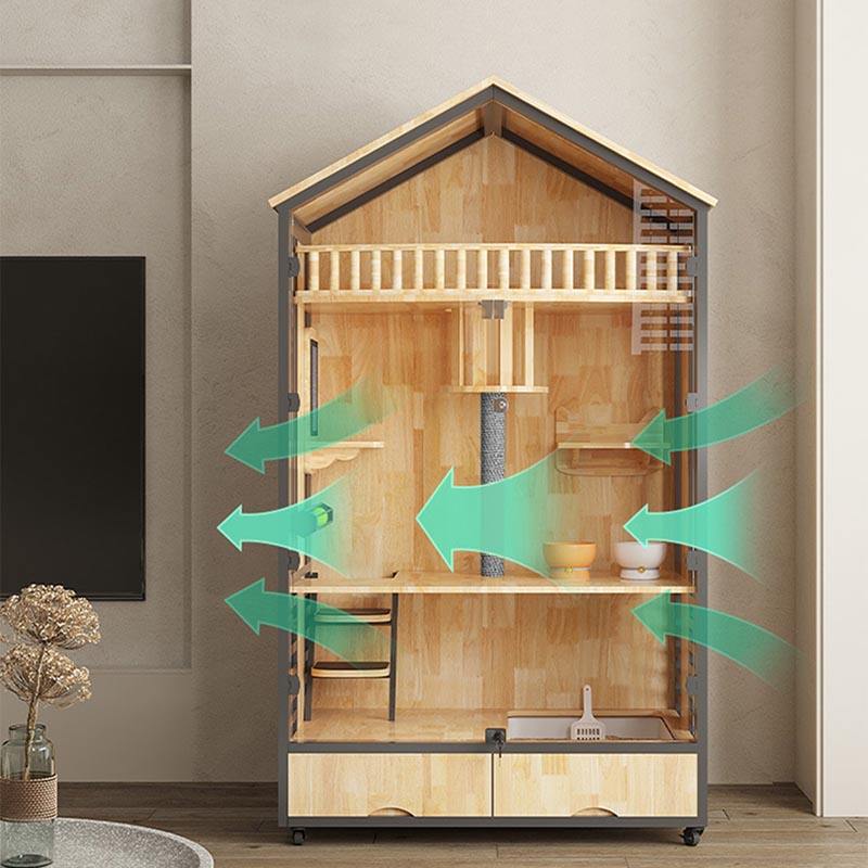 Turnul copacilor de pisici cu mai multe straturi din lemn cu cușcă de lemn Turnul copacilor de pisici cu mai multe straturi din lemn cu cușcă de lemn