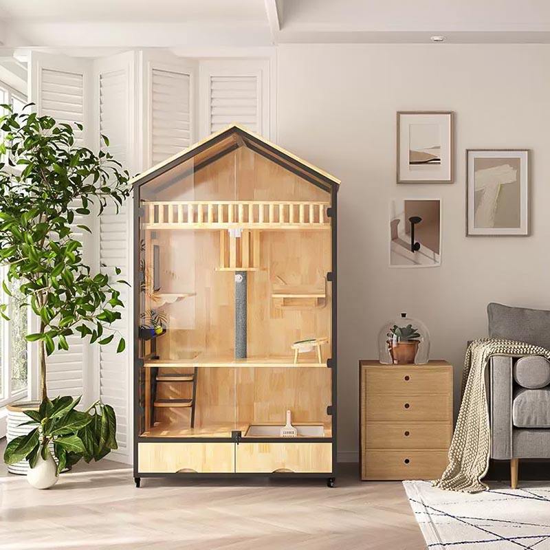 Turnul copacilor de pisici cu mai multe straturi din lemn cu cușcă de lemn Turnul copacilor de pisici cu mai multe straturi din lemn cu cușcă de lemn