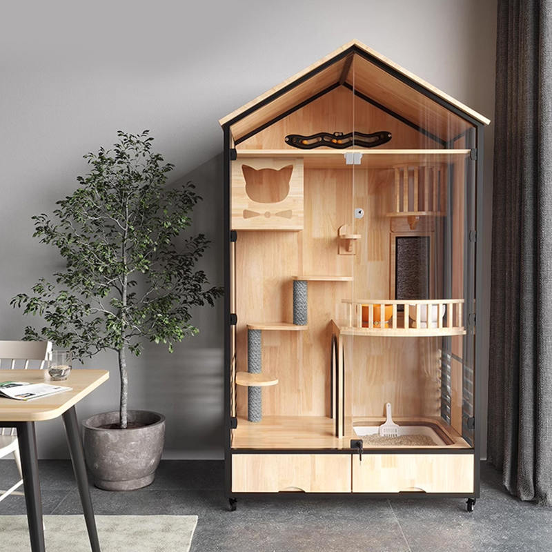 Turnul copacilor de pisici cu mai multe straturi din lemn cu cușcă de lemn Turnul copacilor de pisici cu mai multe straturi din lemn cu cușcă de lemn