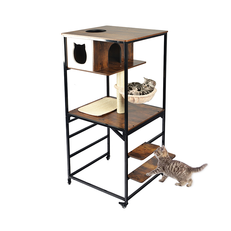 Modern Wood & Metal Cat Tree Indoor Tower Turn cu hamac
