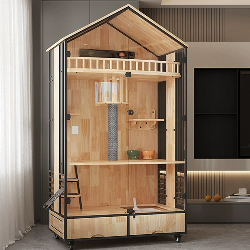 Turnul copacilor de pisici cu mai multe straturi din lemn cu cușcă de lemn Turnul copacilor de pisici cu mai multe straturi din lemn cu cușcă de lemn